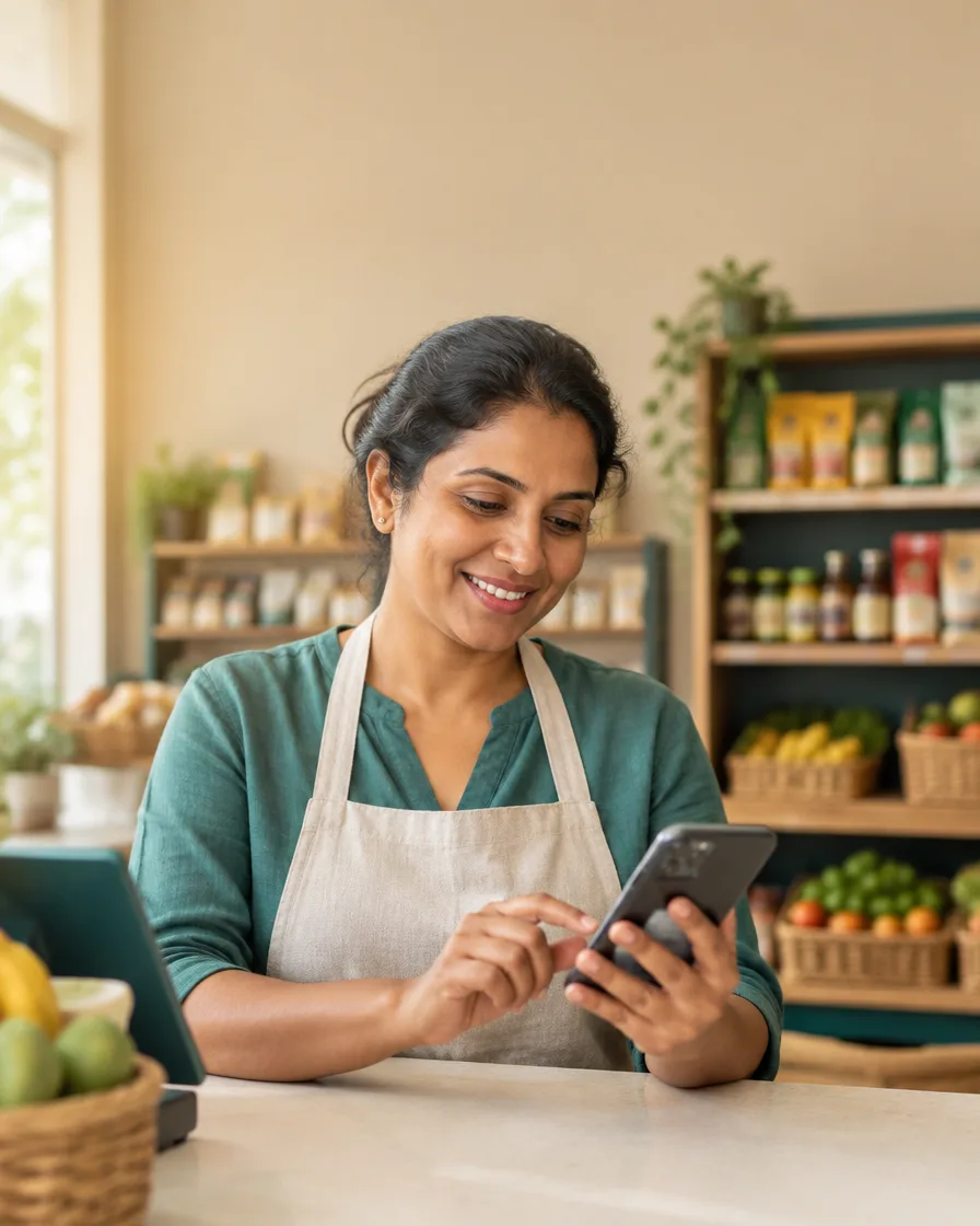 A small shop owner recording a sale on her phone.