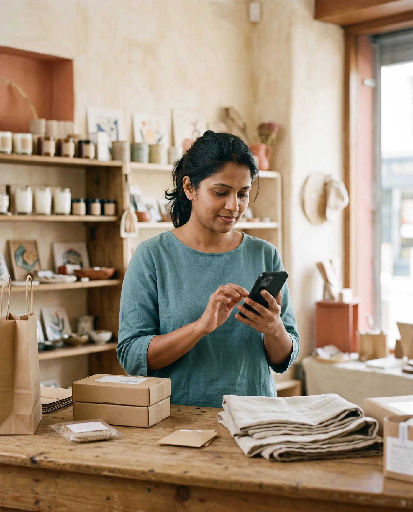 A small business owner using her phone while preparing sales in her shop.